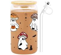Mushroom Ghost Halloween Cup | Halloween Spooky Gifts for Women & Teens - Cute Mushroom Ghost 16 oz Glass Coffee Cup with Lids & Straws, Boo Basket Stuffers