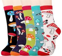 Mushroom Gift, Mushroom Crew Socks, 5 Pairs, UK Size 5-8, Multicoloured