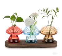 Mushroom Glass Vase Bud Vases: Hewory 3pcs Mushroom Vase for Flowers Coloured Small Vases for Table Decoration - Propagation Station with Wood Tray for Room Decor Home Bedroom Living Room