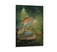 Mushroom Hat Fairy with Turtle Wall Art, Magical Forest Fantasy Decor Canvas Print for Living Room And Teen Bedroom Artistic Wall Mural Modern Hanging Decor Poster24x36inch(60x90cm)