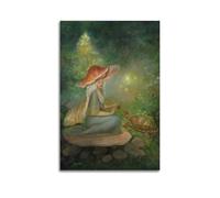 Mushroom Hat Fairy with Turtle Wall Art, Magical Forest Fantasy Decor Canvas Print for Living Room And Teen Bedroom Artistic Wall Mural Modern Hanging Decor Poster08x12inch(20x30cm)