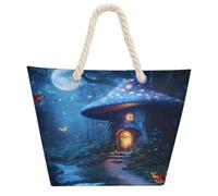Mushroom House Tote Bags for Women Men Shoulder Beach Bag Shopping Handbag with Hemprope Handle