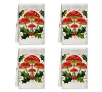 Mushroom Kitchen Towels, Winter Rustic Holly Berries Christmas Red Soft Kitchen Hand Towels Rv Decor 16x24 Inch (Set of 4)