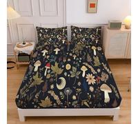 Mushroom Leaves Print Bedding Fitted Sheet King, Retro Forest Fitted Sheets Deep Pocket 12 In, Easy Care Soft Brushed, Shrinkage Fade Resistant, Dark Brown Bottom Sheet