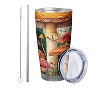 mushroom mug with lid and straw botanical leaves tree forest boho red green stainless metal hot cold insulation for office