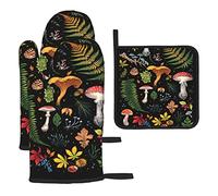 Mushroom Oven Mitts and Pot Holders Sets 3Pcs Mushrooms Kitchen Mitts Polyester Oven Gloves Heat Resistant Hot Pads and Oven Mitts Sets for Kitchen Baking Cooking Grilling BBQ