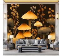 Mushroom Pattern Panoramic Wall Mural, Custom Photo Wallpaper - Vintage Style Non-Woven Premium Fleece Large Wall Mural W300 x H210 cm for Living Room Bedroom Home Decoration