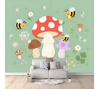 Mushroom Photo Wallpaper 3D Colorful Cartoon Mushrooms and Bees Wall Mural - Non-Woven Wallpaper, 3D Effect Wall Mural for Bedroom Living Room Sofa TV Background Decor 250 × 175 cm (W x H)