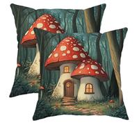 Mushroom Pillow Covers Set of 2, Red Toadstool Fairy Tale Throw Pillows Case, Enchanted Woodland Decor Cushion Covers for Home Sofa Bed Couch 16x16 Inch