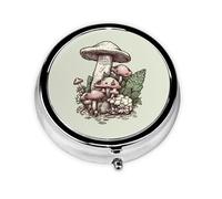 Mushroom Print Image Pill Box Metal Round Small Pill Case Cute 3 Compartment Pill Organizer Portable Travel Pillbox Mini Pill Container Holder for Daily Medicine Supplement Vitamin