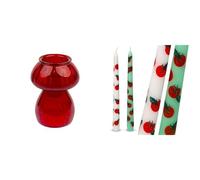 Mushroom Red Glass Candle Holder & Tomato Tapered Dinner Candles Bundle