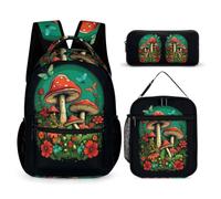 Mushroom School Backpack 3 Piece Set for Boys Age 6, Plant Theme Book Pack School Supplies Bundle Year 5-7 for Young Learners Outdoor Learning Family Trips and Weekend Adventures