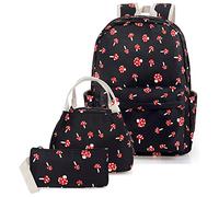 Mushroom School Bag 3-in-1 Kids Bookbag Set, Junlion Laptop Backpack Lunch Bag Pencil Case Gift for Teen Girls Womens