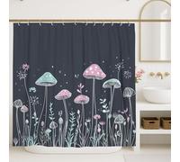 Mushroom Shower Curtain, Colorful Peach Teal Wildflowers Bathroom Décor, Spring Summer Fanciful Art Waterproof Fabric Curtain with Hooks 72x84 Inch