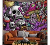 Mushroom Skull Wall Hanging - Psychedelic Halloween Tapestry For Living Room Bedroom Dorm Aesthetic Decor, Deep Purple Polyester Poster Tapestries Wall Hanging 60"X40" Inches