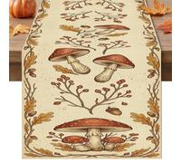 Mushroom Table Runner, Rustic Autumnal Leaves Acorn Fall Beige Cloth Washable Console Table Runner for Home Kitchen Room Holiday Decor 13x90 Inch