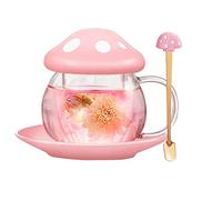 Mushroom Tea Cup Set, Cute Glass Tea Cups and Saucers, Kawaii Tea Cup with Infuser for Loose Leaf Tea Steeper, Coffee Mug Christmas Gifts for Women,Tea Infuser Mug with Lid for Mother Girls (Pink)