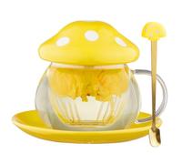 Mushroom Tea Cup Set, Cute Glass Tea Cups and Saucers, Kawaii Tea Cup with Infuser for Loose Leaf Tea Steeper, Coffee Mug Christmas Gifts for Women,Tea Infuser Mug with Lid for Mother Girls (Yellow)