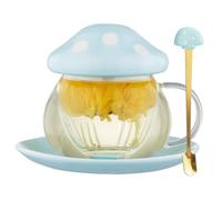 Mushroom Tea Cup Set, Cute Glass Tea Cups and Saucers, Kawaii Tea Cup with Infuser for Loose Leaf Tea Steeper, Coffee Mug Christmas Gifts for Women,Tea Infuser Mug with Lid for Mother Girls (Blue)