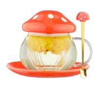 Mushroom Tea Cup Set, Cute Glass Tea Cups and Saucers, Kawaii Tea Cup with Infuser for Loose Leaf Tea Steeper, Coffee Mug Christmas Gifts for Women,Tea Infuser Mug with Lid for Mother Girls (Orange)