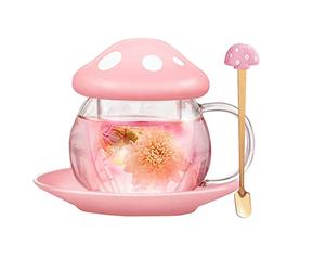 Mushroom Tea Cup Set, Cute Glass Tea Cups and Saucers, Kawaii Tea Cup with Infuser for Loose Leaf Tea Steeper, Coffee Mug Christmas Gifts for Women,Tea Infuser Mug with Lid for Mother Girls (Pink)