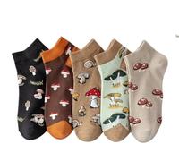 Mushroom Themed Ankle Trainer Socks, 5 Pairs, Adult UK Size 4-7. Mushroom Gift