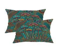 Mushroom Throw Pillow Covers Set of 2, Bohemian Eclectic Fern Leaf Summer Turquoise with Hidden Zipper Decorative Pillow Cases for Living Room Apartment Bed Sofa Decor 20x12 Inch
