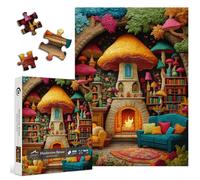 Mushroom Treehouse Puzzles for Adults, PICKFORU Colorful Patchwork Fireplace Bookshelf Jigsaw Puzzles 1000 Pieces, Embroidery Quilting Art Books House Puzzle