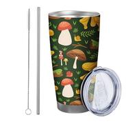 mushroom tumbler, green yellow botanical leaves wood tumbler, green yellow stainless metal tumbler, hot cold spill free tumblers for office, outdoor, club, dorm