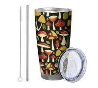 Mushroom tumbler Pack Of 1 Black Background Cartoon Pattern Leaves Plant Botanical yellow red Powder Coated Hot And Cold No Spill Office Outdoor Club apartment Stemless Double Wall 20 Ounce