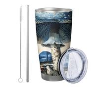 Mushroom tumbler Set Of 1 Funny Plant Tree Leaves Abstract Artistic Designs Stone Scene Cottage blue green Powder Coated Hot And Cold Insulated Office Outdoor Club Dorm Coffee drinking cup 20 Ounce