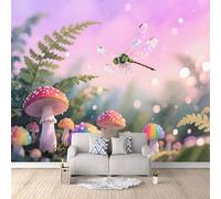 Mushroom Wall Murals for Bedroom Photo Wallpaper 3D Colorful Dreamy Mushroom Dragonfly Wall Mural 400 × 280 cm (W x H) Non-Woven Photo Wallpaper Mural Living Room Sofa TV Background Decor