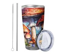 Mushroom with lid and straw tumbler Botanical Watercolor Leaves Painting Pretty Flower Cottage Farmhouse yellow blue Insulated Can Cooler No Spill Outdoor Club Dorm With Lid drinking cup 20 Ounce