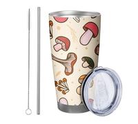 Mushroom with lid and straw tumbler Cartoon Pattern Botanical Leaves Dot Cute Plant Designs Graphic beige pink Stainless Metal Hot And Cold Office Outdoor Club Dorm Coffee drinking cup 20 Ounce