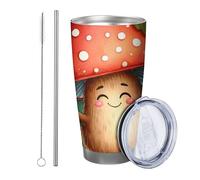 Mushroom with lid tumbler Set Of 1 Watercolor Cartoon Pattern Botanical Glass Bottle Lamp Wooden Leaves red green Stainless Metal Hot And Cold Office Outdoor Club Dorm Coffee drinking cup 20 Ounce