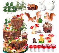 Mushroom Woodland Animal Cake Toppers Woodland Animals Cake Decorations Set Plastic Squirrel Rabbit Pine Cone Plants Micro Mushroom Landscape Decor for Baby Shower Birthday Party