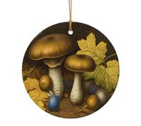 Mushrooms and Fallen Leaves Round Shaped Ceramic Pendants, Christmas Tree Ornaments, Ceramic Ornaments for Festive Decor