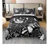Mushrooms Bedding Set Boys Girls Jungle Maple Leaves Duvet Cover Retro Mushroom Sketch Comforter Cover Black White Kids Bedroom Decor 3Pcs Double 100% Cotton,No Comforter
