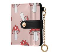 Mushrooms Dots Pink Pattern Small Women Wallet RFID Blocking Bifold PU Leather Compact Card Holder with Coin Pocket Zipper Purse for Girls Women Ladies