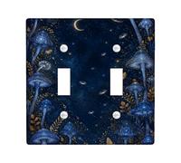 Mushrooms Double Light Switch Cover Plate, Fantasy Nature Moon Butterflies Fall Navy Blue Plastic Standard Size Decorative Wall Plates for Home Living Room New Apartment Decor