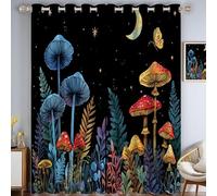 Mushrooms Ferns Window Drapes, Moon Stars Room Darkening Thermal Insulated Blackout Grommets Curtains, for Living, Dining, Bedroom, W 66.1" x L 90.2", 2 Panels, Blue Red