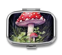 Mushrooms in The Grass Pill Box Travel Pill Organizer 2 Compartment Weekly Pill Case with Mirror A Day Medicine Container Medicine Organizer for Purse, Pocket, Or Wallet