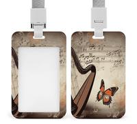 Music Background with Harp and Butterfly Badge Holder with Lanyard, Vertical ABS Plastic ID Card Holder Fashion Name Badge Holders Office ID Card Protector for Teacher Nurse Employee Security Staff