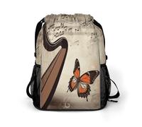 Music Background with Harp And Butterfly Drawstring Backpack，Deluxe Stylish Large-Capacity Gym Bag,Lightweight Waterproof Travel Sackpack,for Women&Men