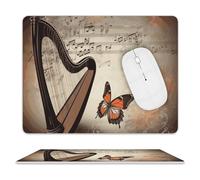 Music Background with Harp and Butterfly Mouse Pad, 10 X 8 Inch PU Leather Mousepad with Smooth Surface, Square Waterproof Mouse Mat Non-Slip Ultra Thin Desk Pad for Gaming, Office & Home