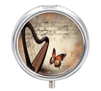 Music Background with Harp and Butterfly Pill Case with 3 Compartments - Portable Travel Pill Organizer for Purse, Easy-Open Button Design, Small Round Pillbox Vitamin Holder Organizer for Women Men