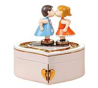Music box musical box Heart Shaped Musical Box With Kissing Couple Spin Dancer Clockwork Double Layer For Anniversary Music Box For Women(White)