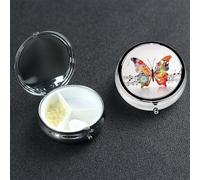 Music Butterfly Pill Box with Mirror 3 Compartment Decorative Pill Case for Purse or Pocket Small Round Pill Organizer Weekly Metal Medicine Tablet Vitamin Holder Travel Gift