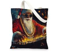 Music Christmas Santa Claus Canvas Tote Bag for Shopping 13x15, Fun Cool Xmas DJ Musical Reusable Grocery Print Bag for Women Men, Holiday New Year Aesthetic Painting Gift Decor