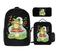 Music Cute Frog 3-Piece Casual Backpack with Lunch Box And Pencil Case Funny Rucksack Set for Travel Work